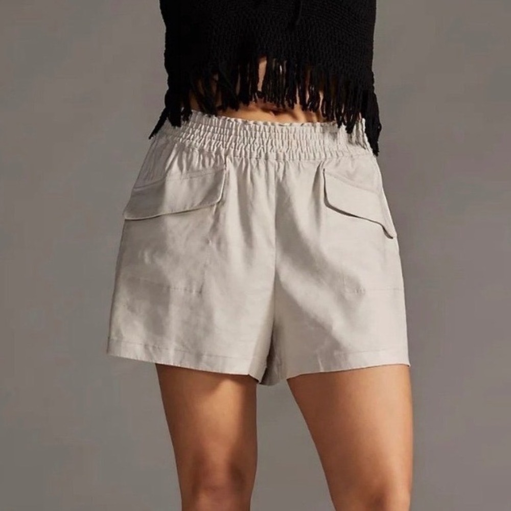 NWT Maeve Anthropologie Linen Blend‎ Smocked Utility Shorts Beige Stone Small